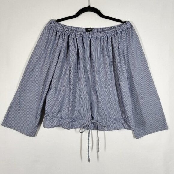 Theory Odettah Seersucker Off the Shoulder Top Blue White Stripe Summer Coastal - Picture 2 of 9